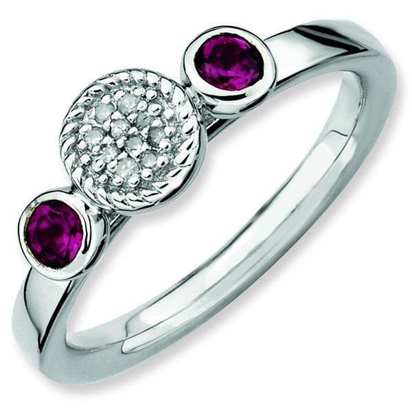 Double Rhodolite Garnet & Diamond Sterling Silver Stackable Ring by