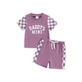 thumbnail image 2 of Aojekbee Toddler Girl Summer Outfit Letter Print Checkerboard Short Sleeve Tops Elastic Waist Shorts 2Pcs Clothes Set, 2 of 10