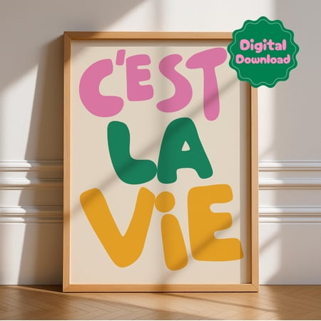C'Est La Vie Word Print French Typography Quotes Wall Art Retro Trendy Minimalist Poster Gallery Wall Bright