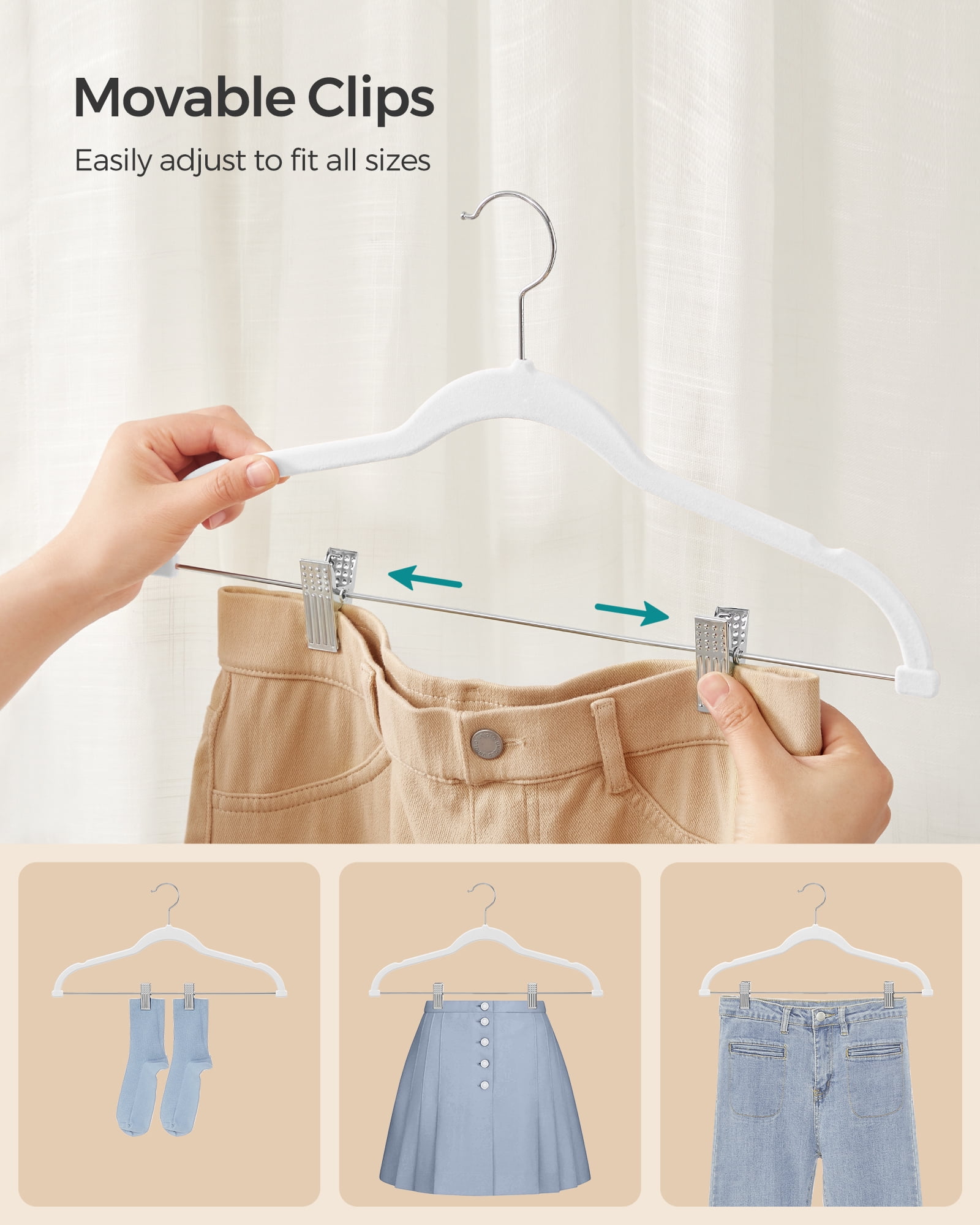 50-Pack Velvet Non-Slip Hangers with Adjustable Clips, 16.7" Heavy Duty Space Saving Hangers for Pants, Skirts, Dresses, White