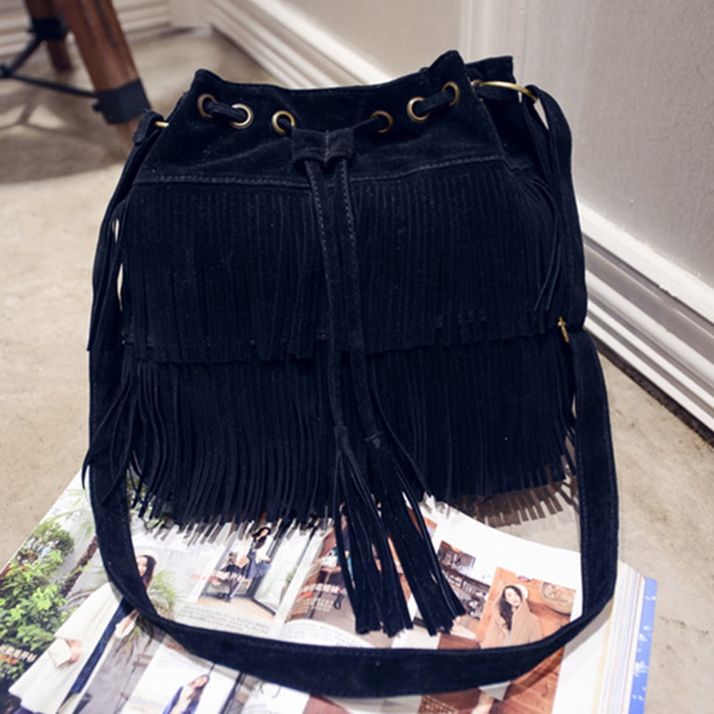 【HI FI FNK】Chester Suede Bag HEVIRGO Fashion Solid Color Women Fringe Drawstring Suede