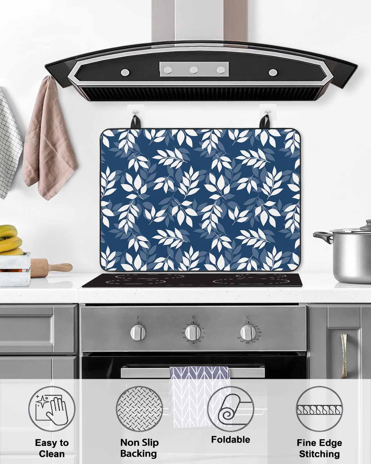 nqOlkjepod Large Induction Cooktop Protector Mat 24"x21", Blue Leaves Stove Top Covers for Electric Stove, Farmhouse Pastoral Spring Leaf Branch Stove Burner Cover Mats, Glass Top Stove Cover