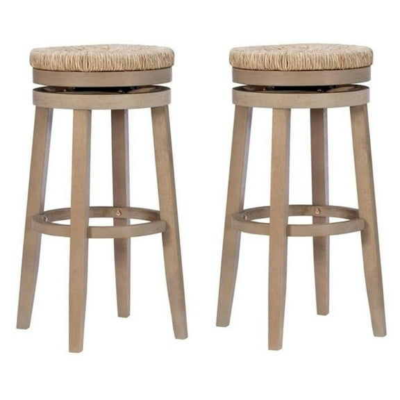 Home Square 2 Piece Solid Wood Swivel Rush Bar Stool Set in Natural Brown