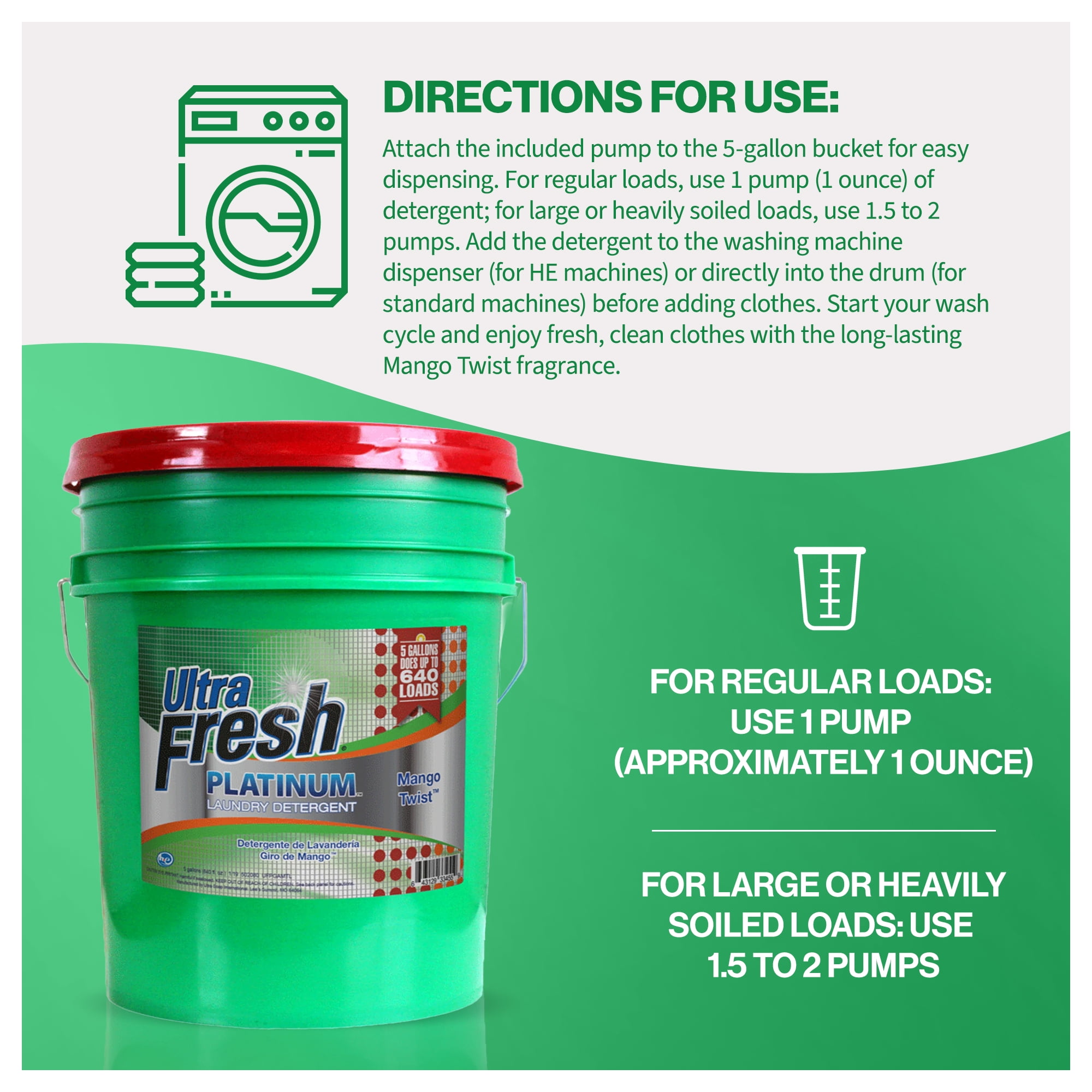 Ultra Fresh 3X Platinum Laundry Detergent, 640 Loads, Mango Twist, 5 Gal
