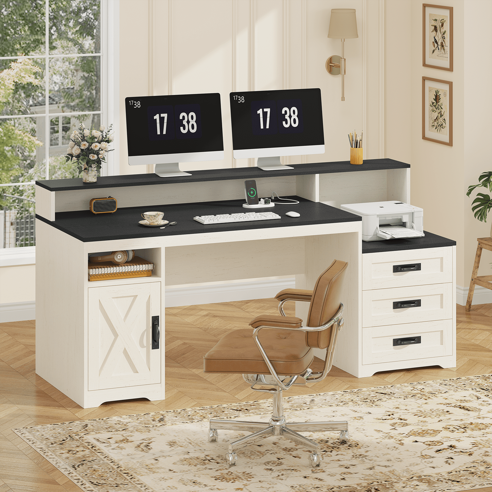 Farmhouse Computer Desk with Drawers, 65'' Home Office Desk with Power Outlets, Storage Cabinet and Printer Stand, Study Writing Desks with Long Monitor Stand, Black and White