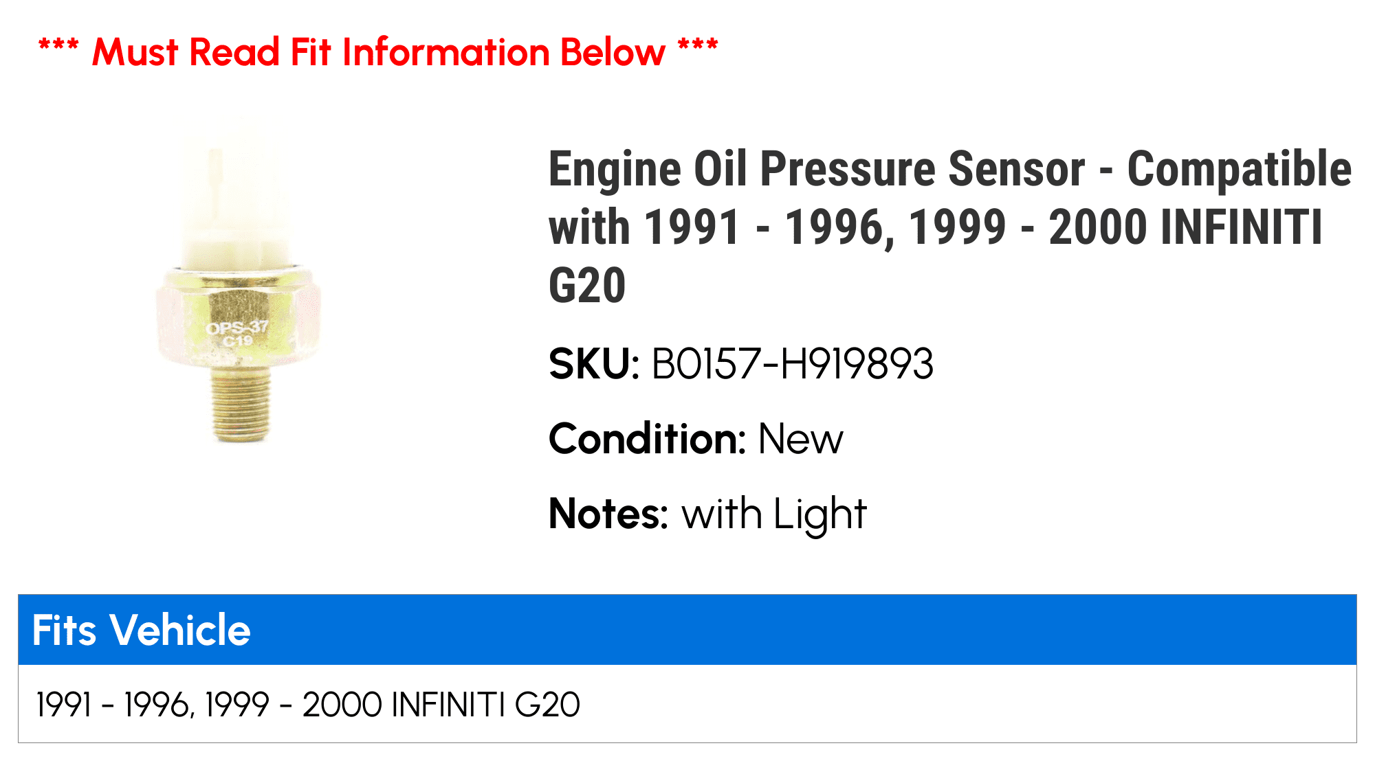 Engine Oil Pressure Sensor - Compatible with 1991 - 1996, 1999 - 2000 INFINITI G20 1992 1993 1994 1995