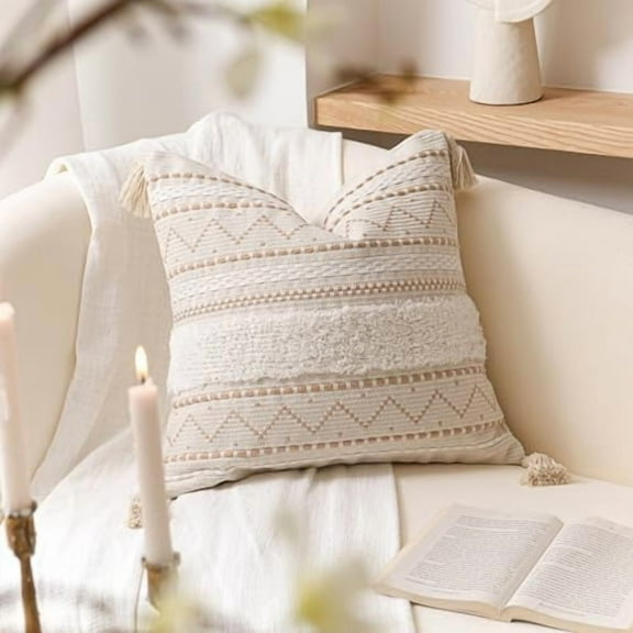 Decorative Throw Pillow Cover 18x18 Square Cream Neutral White Boho Accent Pillowcase Tassels Farmhouse Cushion for Couch Sofa Bedroom Living Room Home Décor (Cover ONLY, Pack of 1)