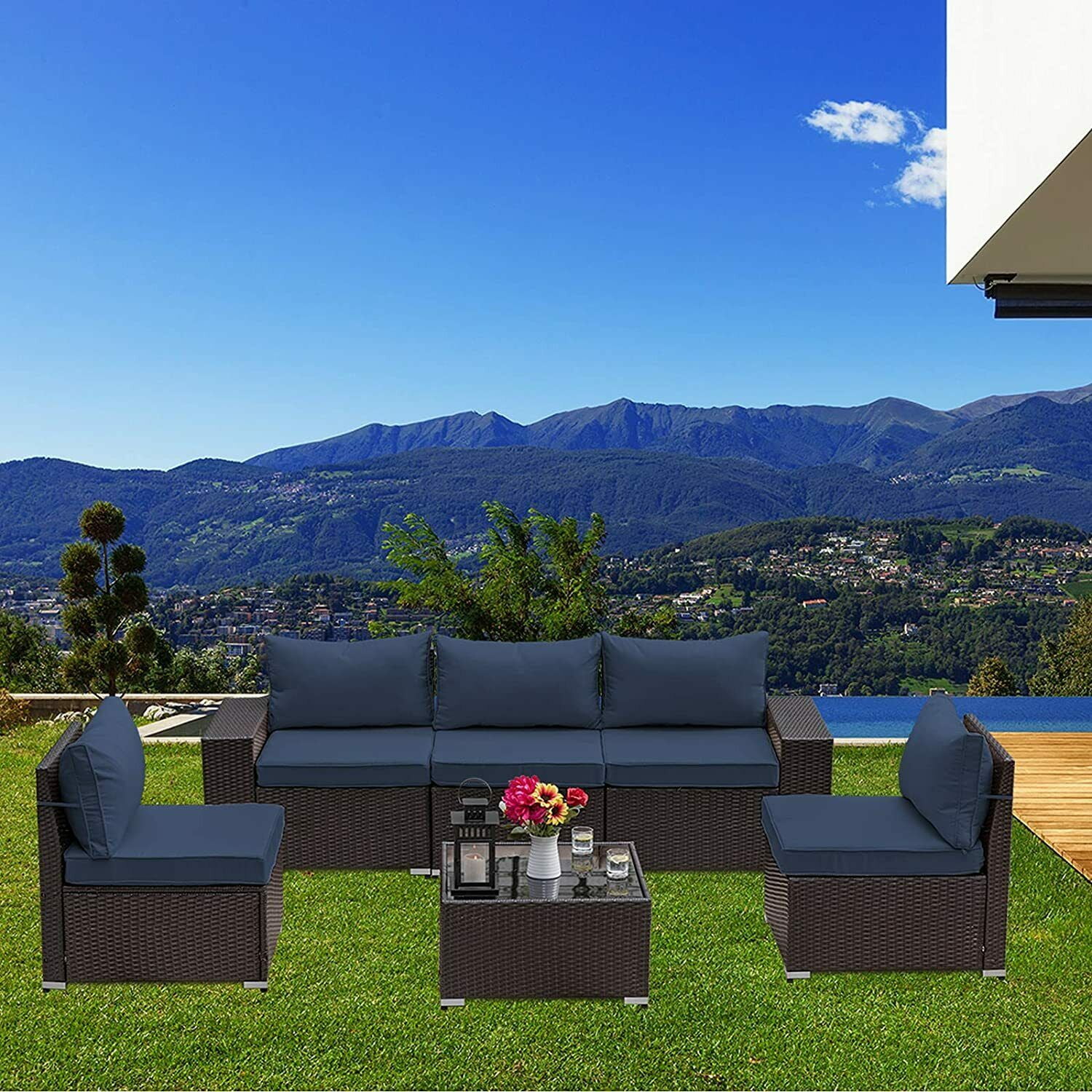 Gotland Outdoor Patio Furniture Set 6 Piece Sectional Rattan Sofa Set Rattan Wicker Patio Conversation Set with 5 Seat Cushions and 1 Tempered Glass Table, Dark Blue