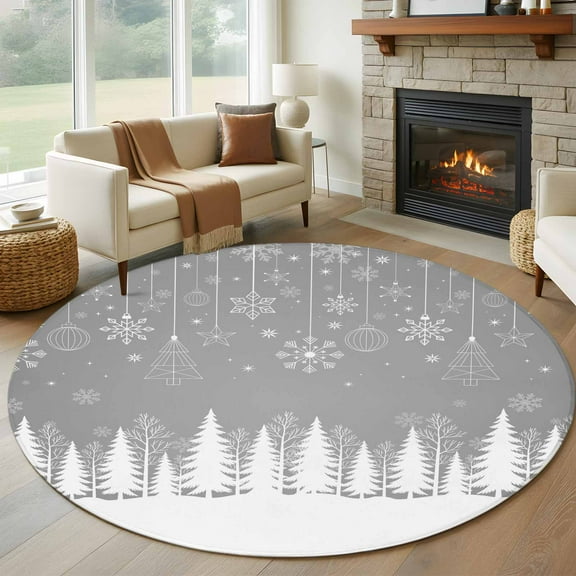 Grey Christmas Round Rug 5ft Washable Circle Kitchen Rugs Non Slip Vintage Farmhouse Pine Tree Snowflakes Large Area Rug Indoor Floor Carpet for Bedroom Living Room Home Office Dining Room Nursery