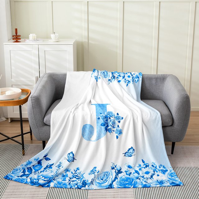 Erosebridal Letter Initial Throw Blanket for Couch 60x80,Monogrammed Personalized Flannel Blanket,Flower Decor,Ultra Soft