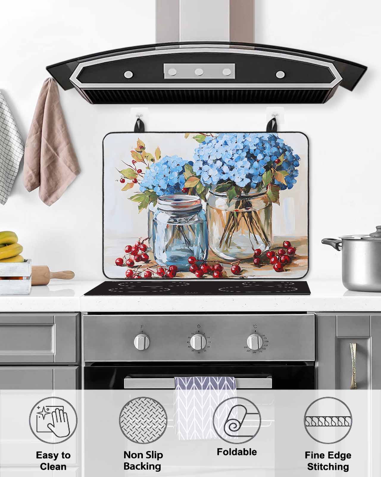 nqOlkjepod Large Induction Cooktop Protector Mat 36"x21", Flowers Fruit Stove Top Covers for Electric Stove, Blue Hydrangeas Vintage Farm Leaves Stove Burner Cover Mats, Glass Top Stove Cover