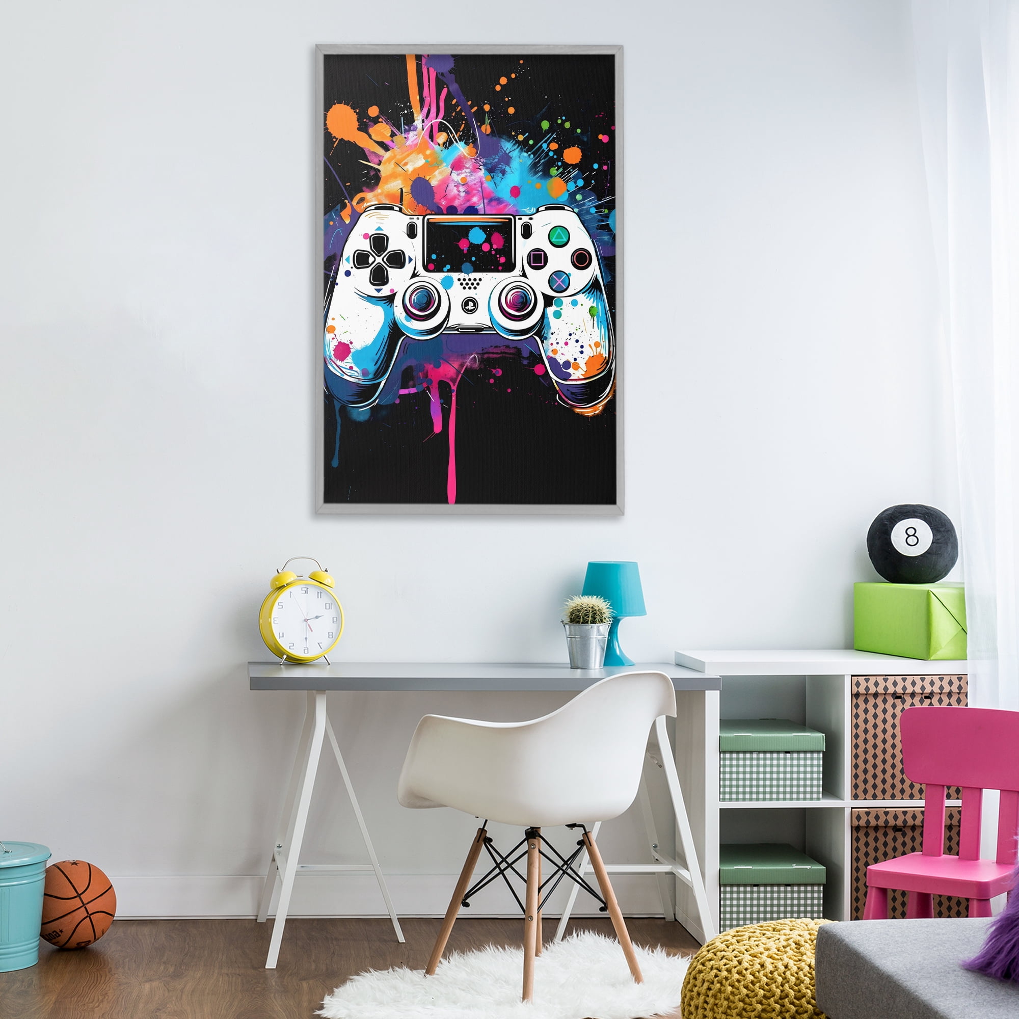 Stupell Industries Controller Contrast with Neon Splatter Gray Framed Giclee Art, design by Creative Studio