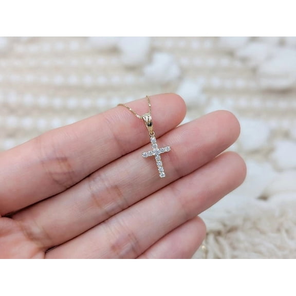 Mini Round Simulated Diamond Tennis Cross Pendant Necklace with Box Chain, 14K Yellow Gold Plated
