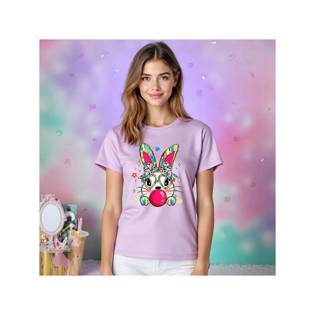 Playera de Mujer con Conejita Chic – Estampado Divertido y Colorido Color Lila Talla Chica Marca Emil SaEs