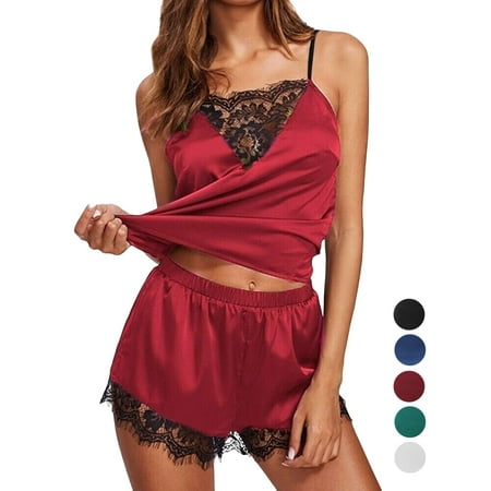 Gustave Women Silk Satin Cami Shorts Pajamas Set Sexy Lace Sleepwear Lingerie Ladies V Neck Camisole Nightwear  Red  M