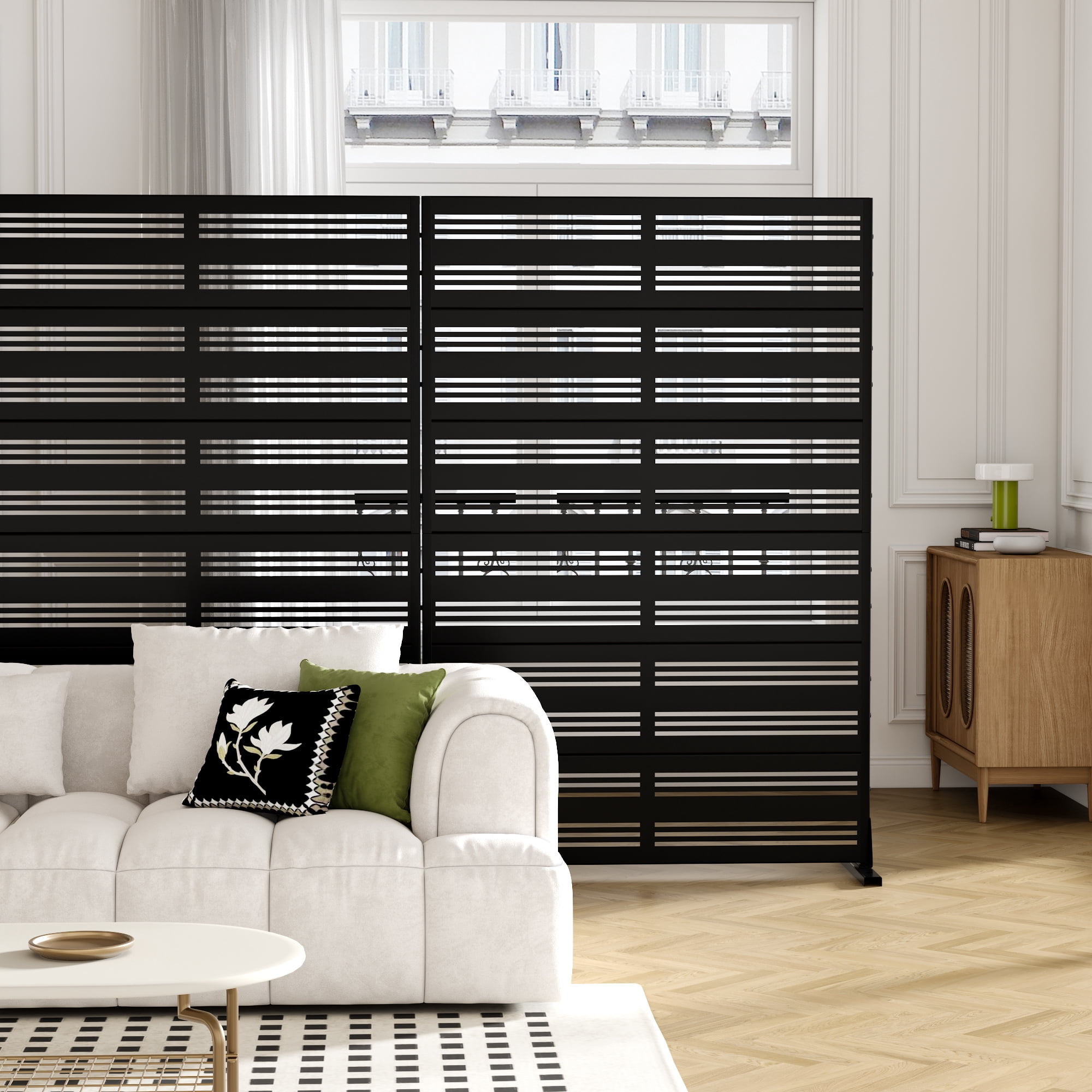 MAYEERTY 72*47" Outdoor Black Metal Freestanding Panel Screen for Patio, Wide-Narrow Slat Pattern