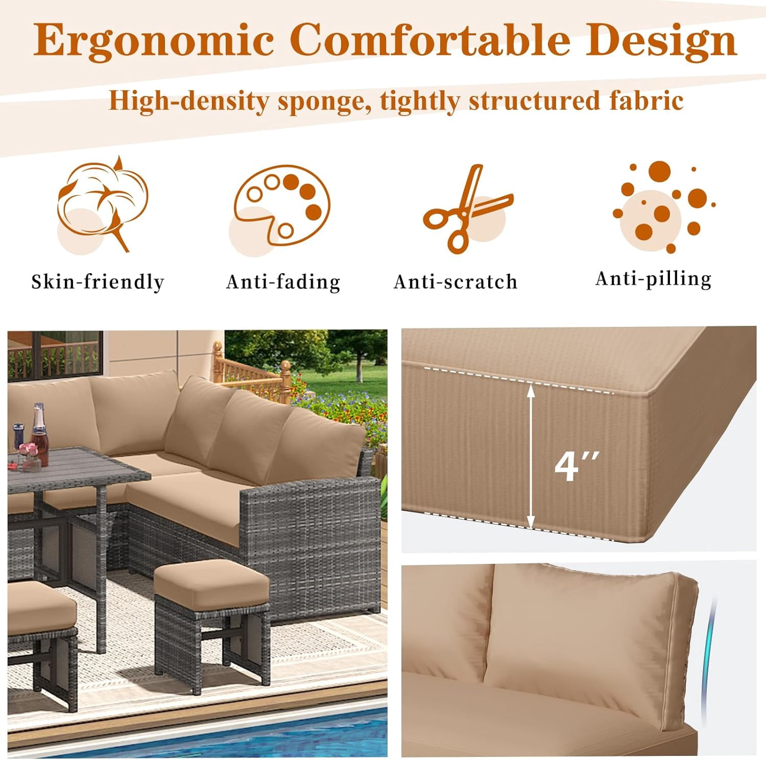 AECOJOY Outdoor Patio Furniture Cushions, 4-Inch Memory Foam Replacement Cushions for 7-Seat Sectional Wicker Conversation Set, Beige