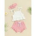 thumbnail image 3 of Bslissey Baby Girls 3Pcs Summer Outfits Solid Color Sleeveless Ruffled Camisole Tops + Elastic Waist Shorts + Headband 6M 12M 18M 24M Infant Toddler Cute Shorts Sets, 3 of 8
