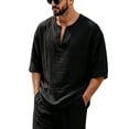 thumbnail image 5 of Mens Beach Shirts Linen 3/4 Sleeve Notch V-Neck Lightweight Breathable Summer Hawaiian Tops Fathers Gift, 5 of 6