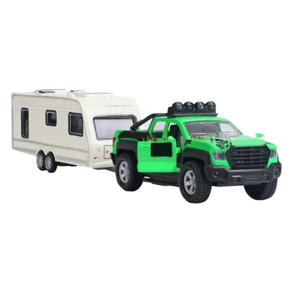 XIANXIAN Pickup Truck Trailer Towing Toy Camper 2 in 1 Playset RV Motorhome Toys for Boys Diecast Model Car Metal Pull Back Toy Cars 1/36 Scale SUV Doors Open Light Sound Kids Birthday Gifts