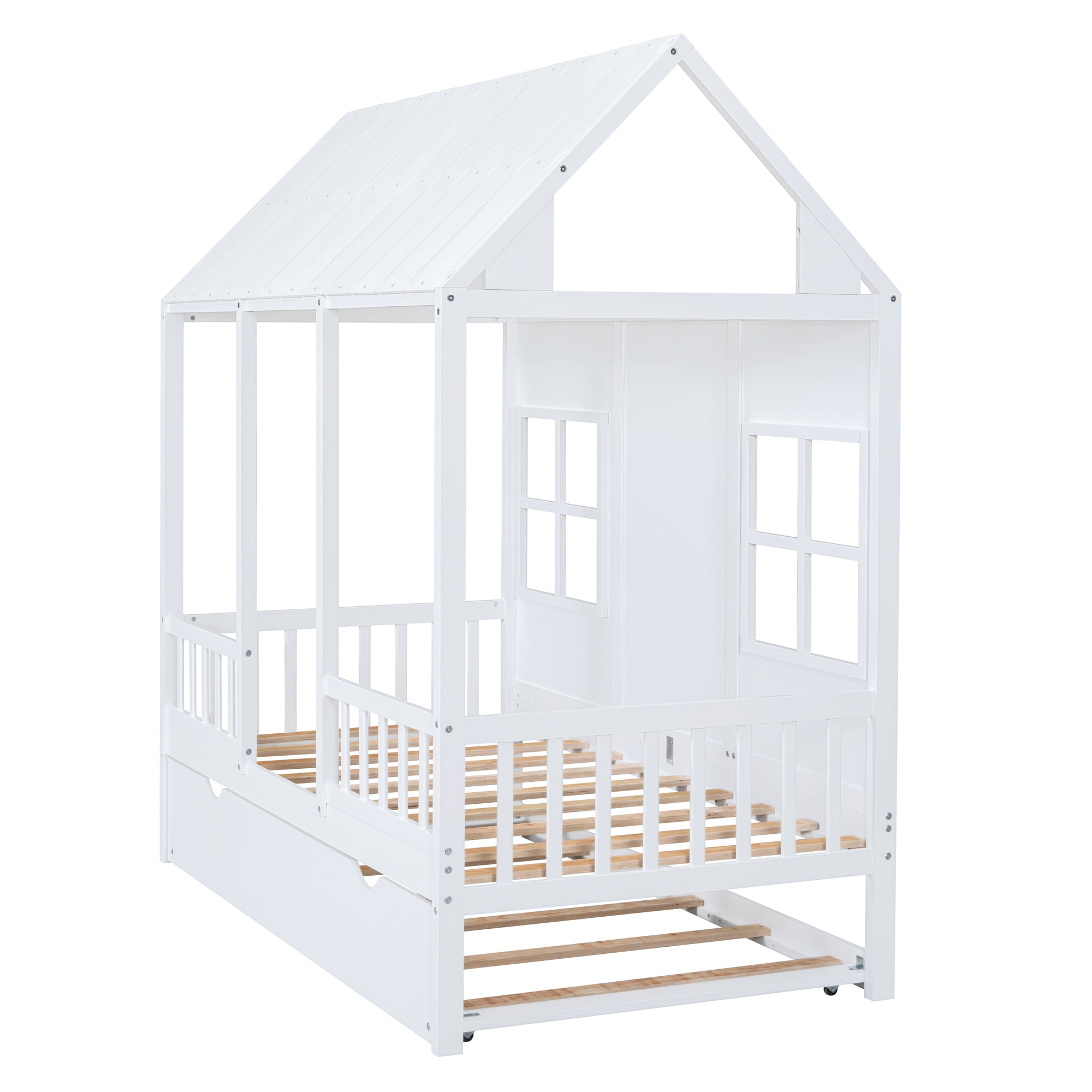 Harper & Bright Designs House Bed with Trundle Twin House Bed, Wooden Platform Bed Frame with Headboard and Roof for Girls Boys, White