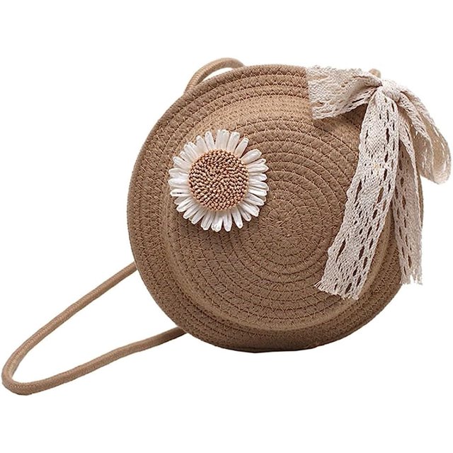 LHSHID Novel Round Purse Cute Wheel Crochet Bag Women Crossbody Purse Beach Bag Handmade Woven Shoulder Bag Lace Bow