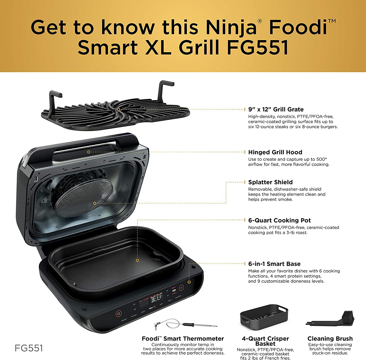 Ninja FG551-Eggplant Foodi Smart XL 6-in-1 Indoor Grill, 4-Quart Air Fryer  Roast Bake Dehydrate Broil, Leave-in Thermometer, Extra Large Capacity,  Stainless steel Finish (Refurbished) 