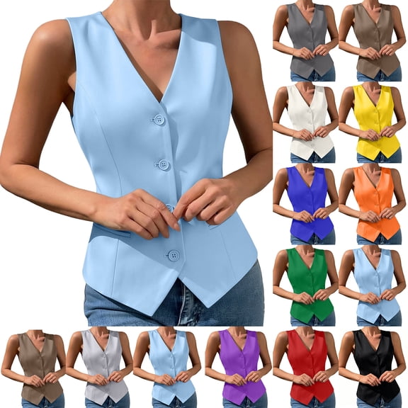 Women Solid Color V Neck Sleeveless Suit Vest, Button Front Casual Waistcoat Fashion Layering Outerwear for Spring Summer Autumn Daily Wear Yellow