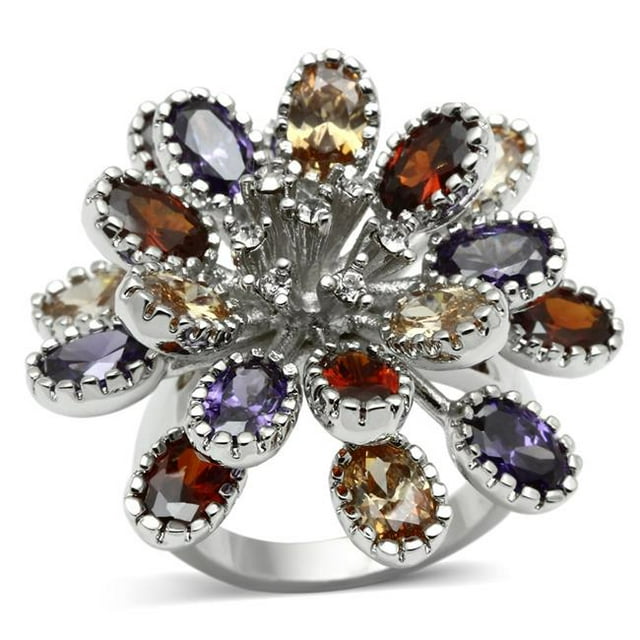 Alamode 3W251-6 Women Rhodium Brass Ring with AAA Grade CZ in Multi Color - Size 6