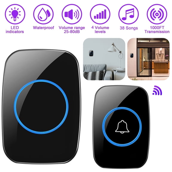 Walbest A10 Wireless Doorbell Chime, Waterproof Door Bell Kit, Distinguish Front and Rear Doors, 1000 feet Range and 38 Songs Optional, Adjustable Volume and LED Flash, for Home Office Classroom