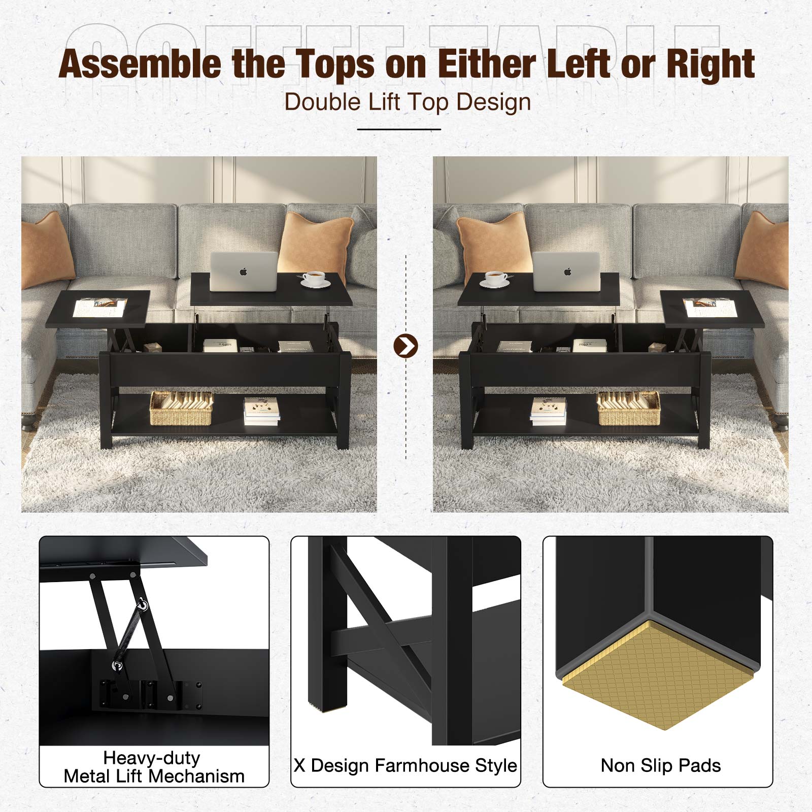 Greenstell  Lift Top Coffee Table with Drawer and Hidden Compartment, 43.8 Inch, Black