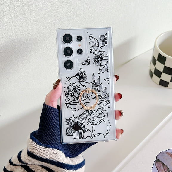 TECH CIRCLE For Galaxy A15 Case, 360 Rotating Ring Holder Kickstand Soft Slim Shockproof Protective TPU Girls Women Clear Cute Case for Samsung Galaxy A15 6.5" 2024,Black Rose