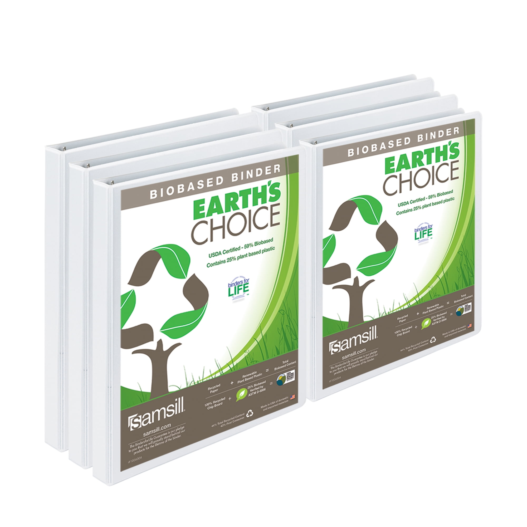 Samsill Earth's Choice Durable .5' Round Ring View Binders, White, 6 Pack