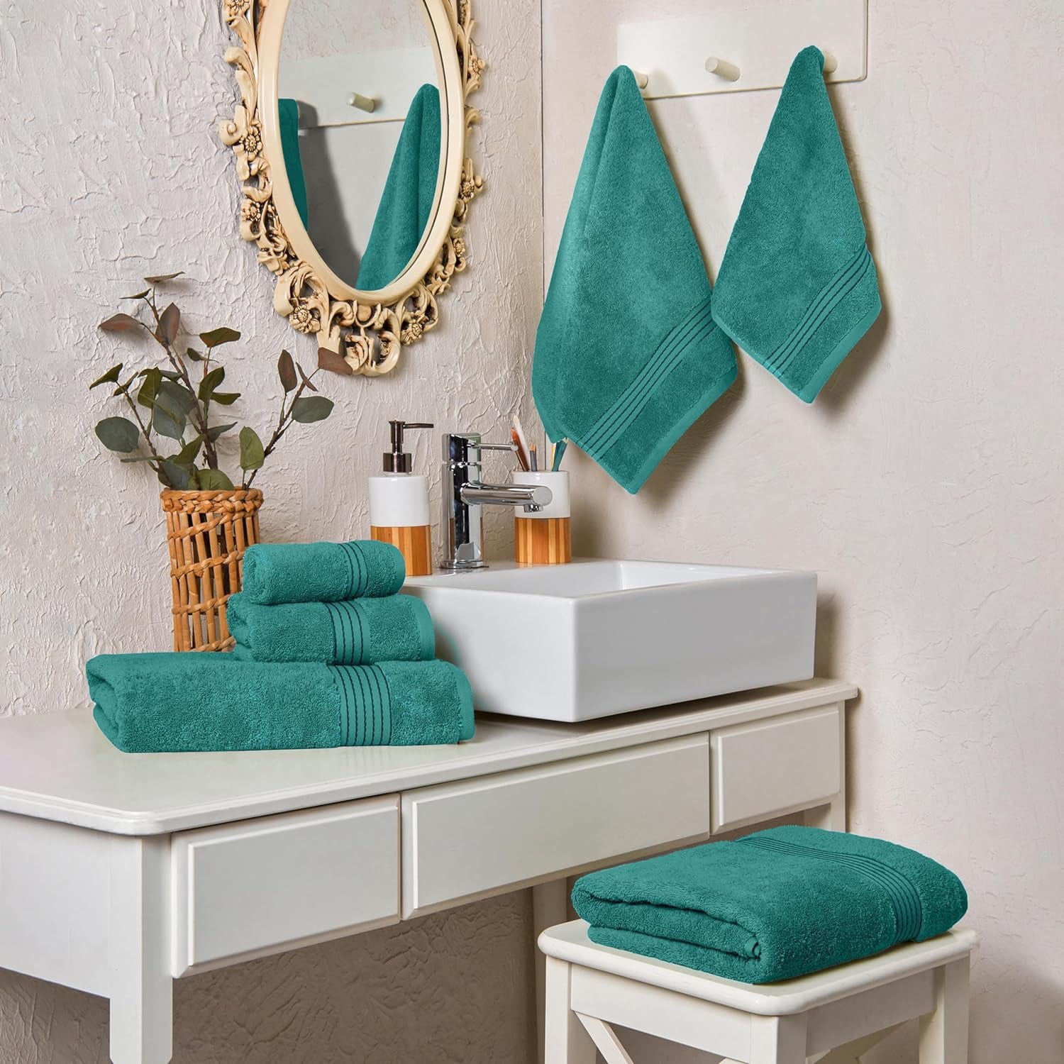 Holiday Gift Cotton 6-Piece Towel Set, Includes 2 Washcloths, 2 Hand Towels and 2 Bath Towels, 100% Turkish Cotton - Highly Absorbent and Super Soft Towels for Bathroom, Turquoise