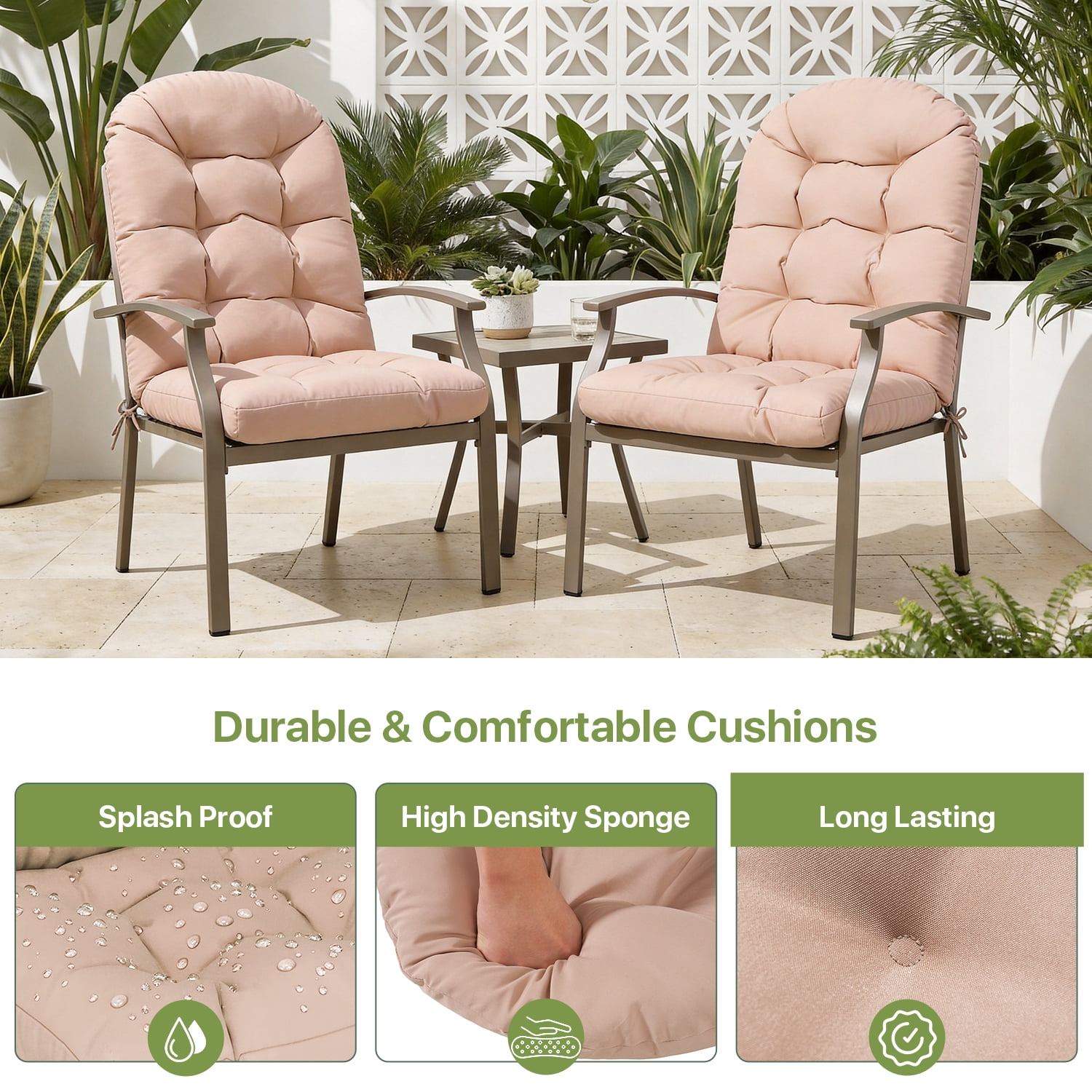 BaPiPro High Back Outdoor Chair Cushions Khaki Set of 2 Water-Resistant Polyester with Ties No Assembly Patio Poolside
