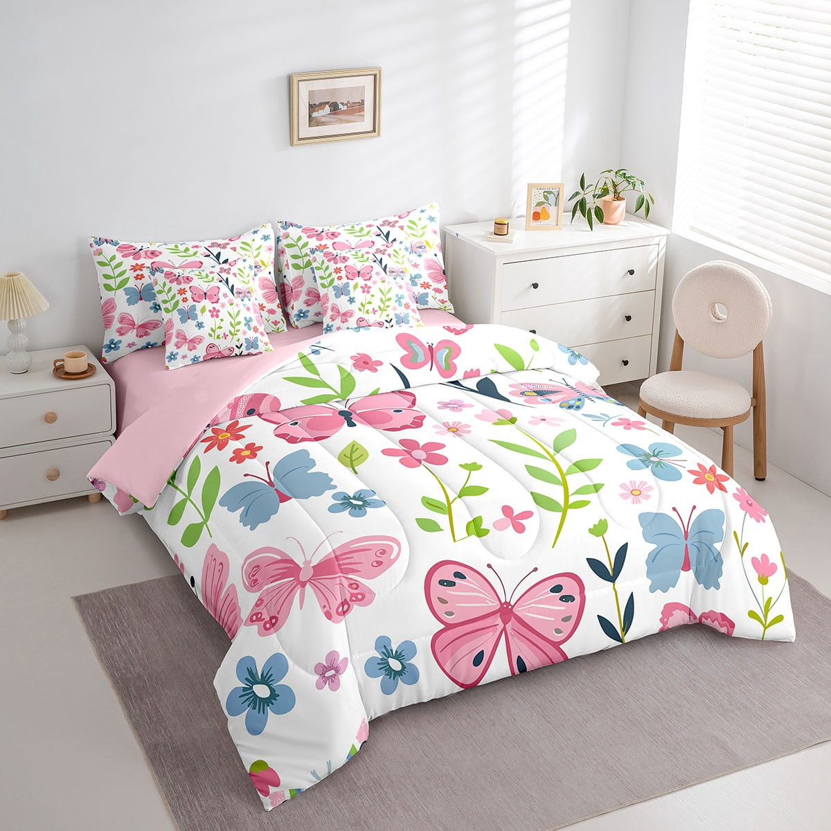 jejeloiu Colorful Cute Flower Twin Bedding Sets 7-Piece,Chic Kawaii Butterfly Bedding Comforter Set,Plant Floral Leaves Sheet Sets For Girls Kids,Microfiber Room Decoration Reversible