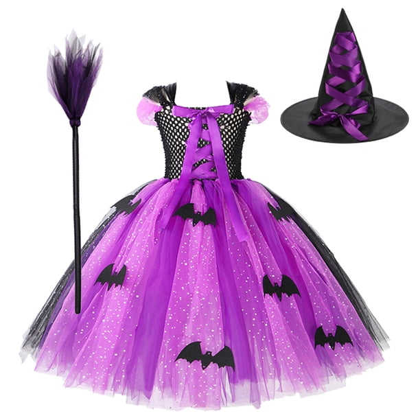 Vestido de malla de bruja malvada para niñas, disfraz de hada para Halloween, ropa de Reina demonio para fiesta de carnaval, vestido de bruja de murciélago púrpura