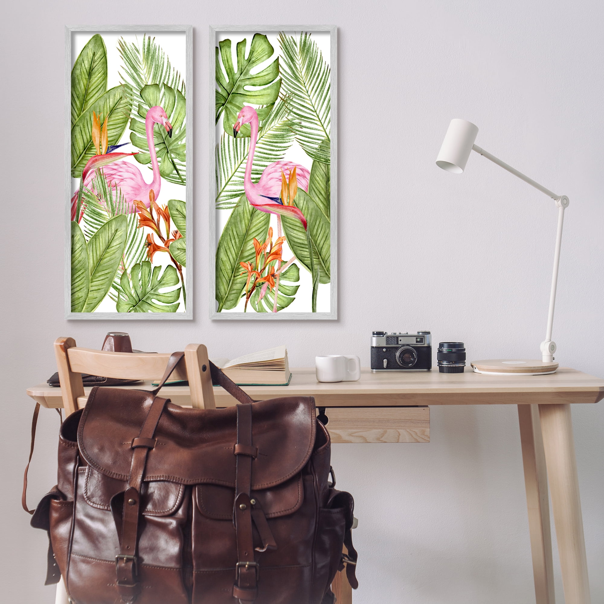 Stupell Industries Flamingos & Topical Plants Botanical & Floral Painting Gray Framed Art Print Wall Art, 13 x 30, Set of 2