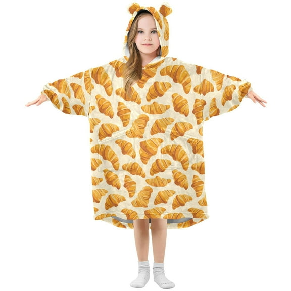 Wearable Blanket Hoodie for Kids Croissant Flannel Hooded Blanket with Pockets and Sleeves Suitable for Boys and Girls