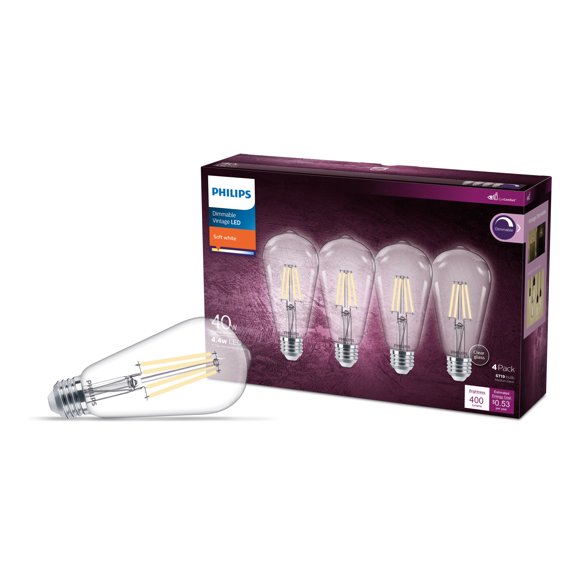 Philips LED 40-Watt ST19 Filament Straight Tubular Light Bulb, Clear Soft White, Dimmable, E26 Medium Base (4-Pack)