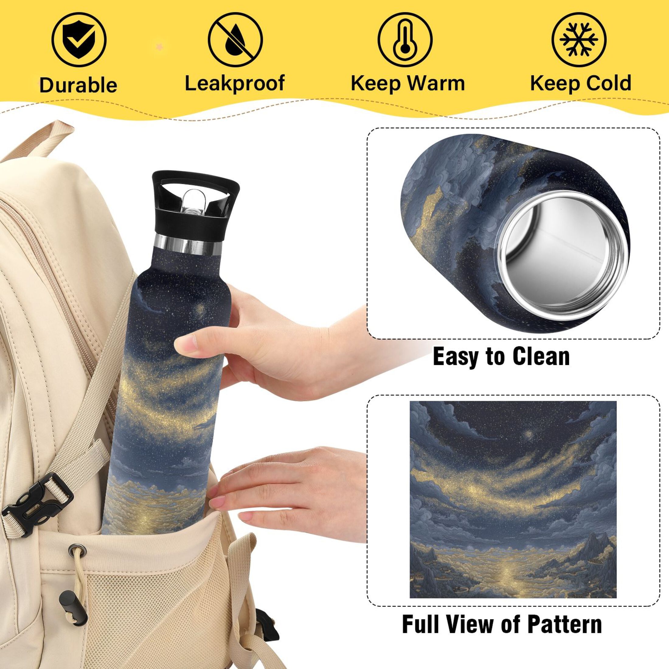 600ML Stainless Steel Insulated Cup Sports Water Bottle Portable Thermos Cup Water Glasses Insulated Tumblers Convenient and Durable Star Night