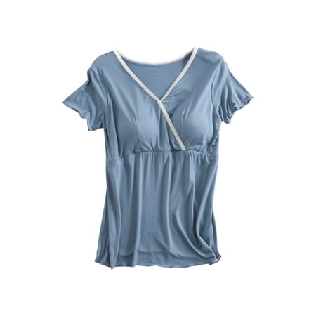 VEKDONE Clearance Maternity Tees for Women Summer Shorts Sleeve Nursing Tops Button Breastfeeding Tshirts with Built in Bra Stretchy Pregnancy Blouse Camisa de Maternidad Sky Blue L