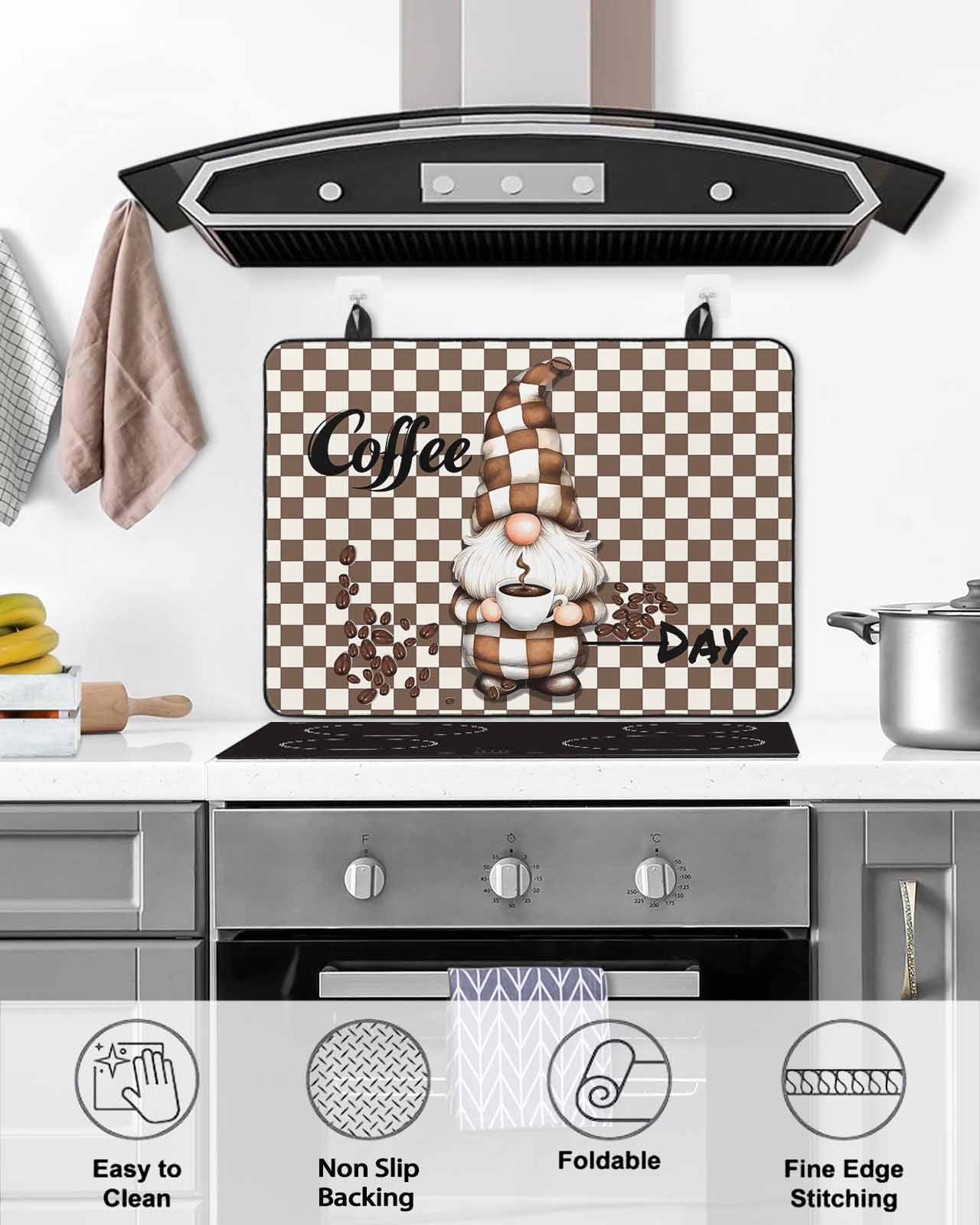 nqOlkjepod Large Induction Cooktop Protector Mat 24"x21", Brown Gnome Stove Top Covers for Electric Stove, Coffee Beans Vintage Plaid Abstract Stove Burner Cover Mats, Glass Top Stove Cover