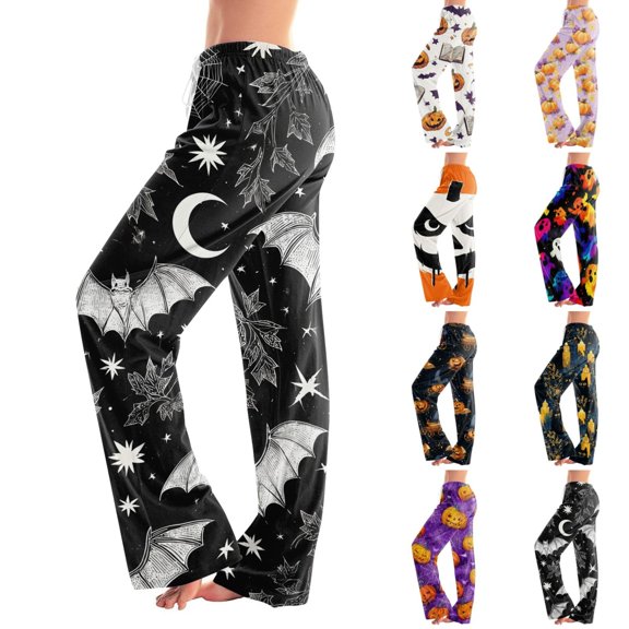 LNZGNM Halloween Womens Pajama Pants Pumpkin Print Relaxed Wide Leg Drawstring Waist Lightweight Lounge Sleepwear White(XXL)