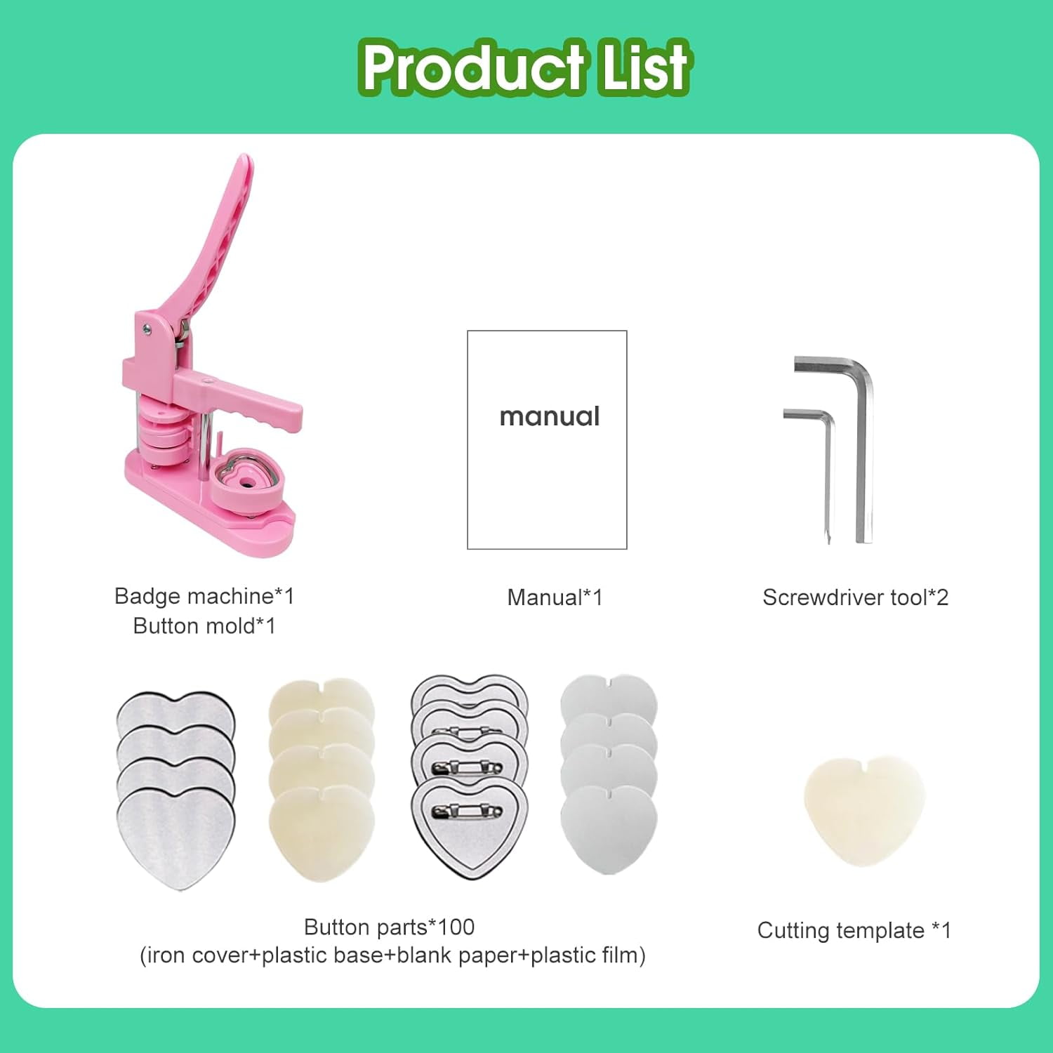 Heart Button Maker Machine DIY Gift, Installation-Free Button Maker Press Machine, Pin Button Making Machine with Free 100 Sets Heart Button Making Supplies & Circle Cutter & Magic Book Pro New