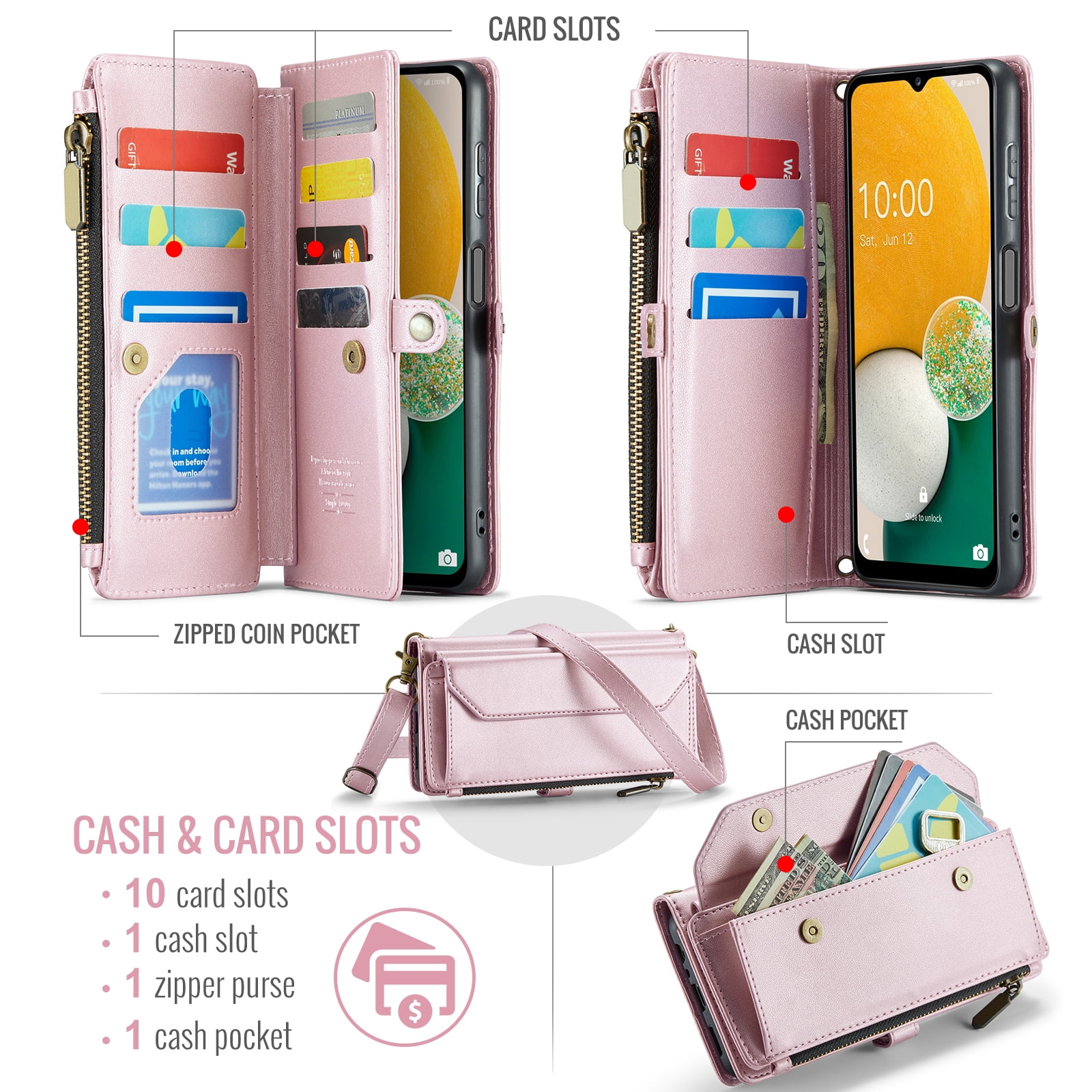 Compatible with Samsung Galaxy A13 5G Zipper Wallet Phone Case Tempered Glass Screen Protector Crossbody Lanyard Strap Flip Card Holder Slot Cell Cover for A04S M13 A13 2022 13A A135G Women Rose Gold