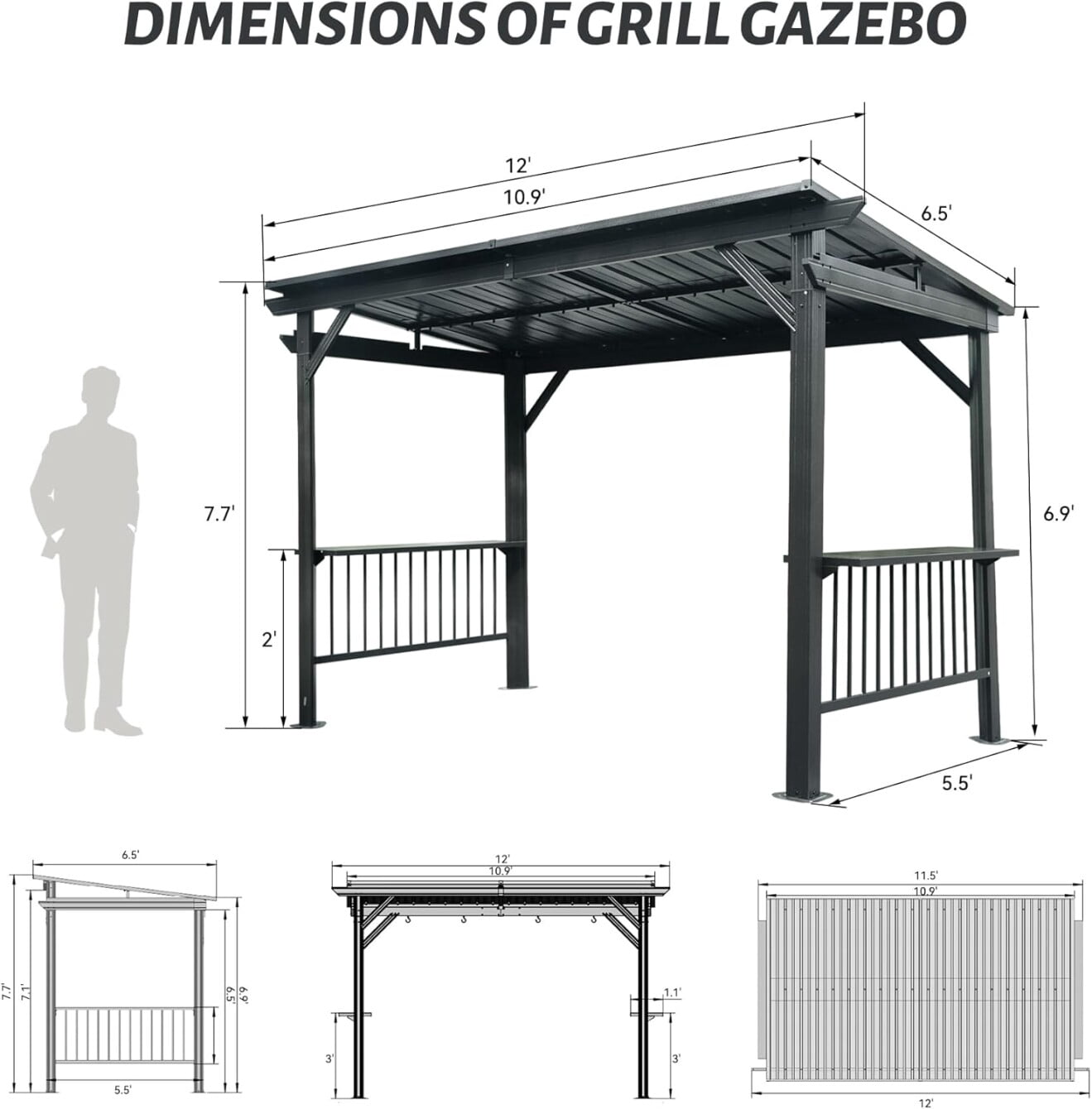 6.5x12FT Hardtop Grill Gazebo, Outdoor BBQ Gazebo with Sloping Galvanized Steel Roof, Metal Sun Shade Grill Canopy Shelter with 2 Side Shelves and Ceiling Hooks for Patio Yard, Gray