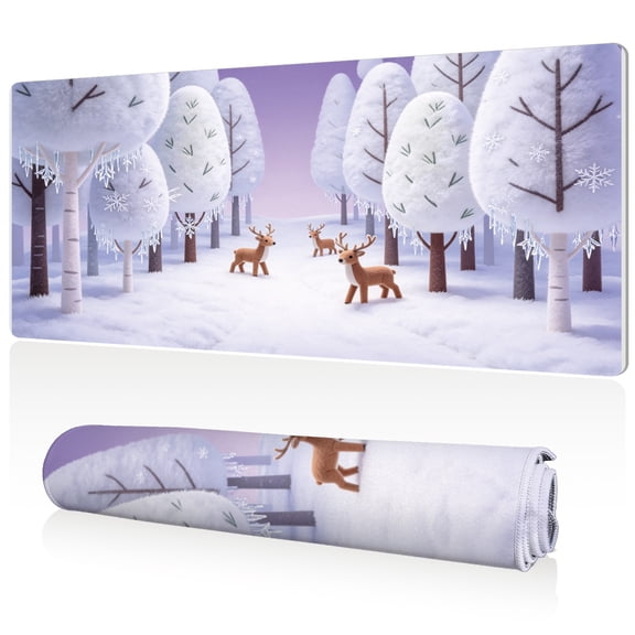 LIVEKEY XL Mouse Pad 80x40x0.3cm Snowy Forest with Deer Design Full Desk Coverage Non Slip Durable Easy Clean Stitched Edges for Gaming and Office