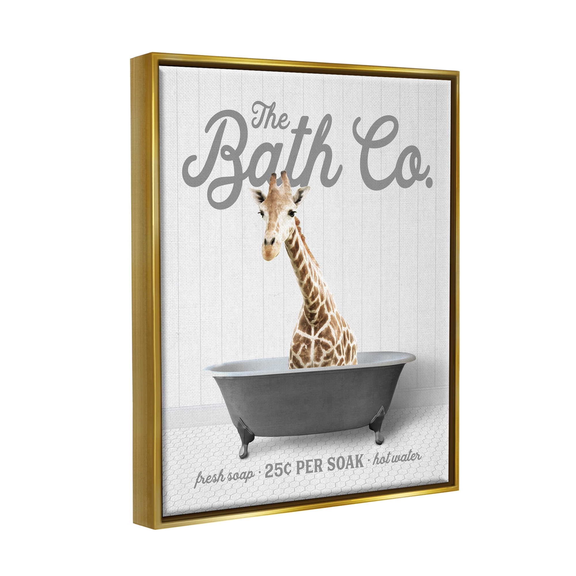 Stupell Industries Giraffe Bathroom Tub Animals & Insects Painting Gold Floater Framed Art Print Wall Art, 25 x 31
