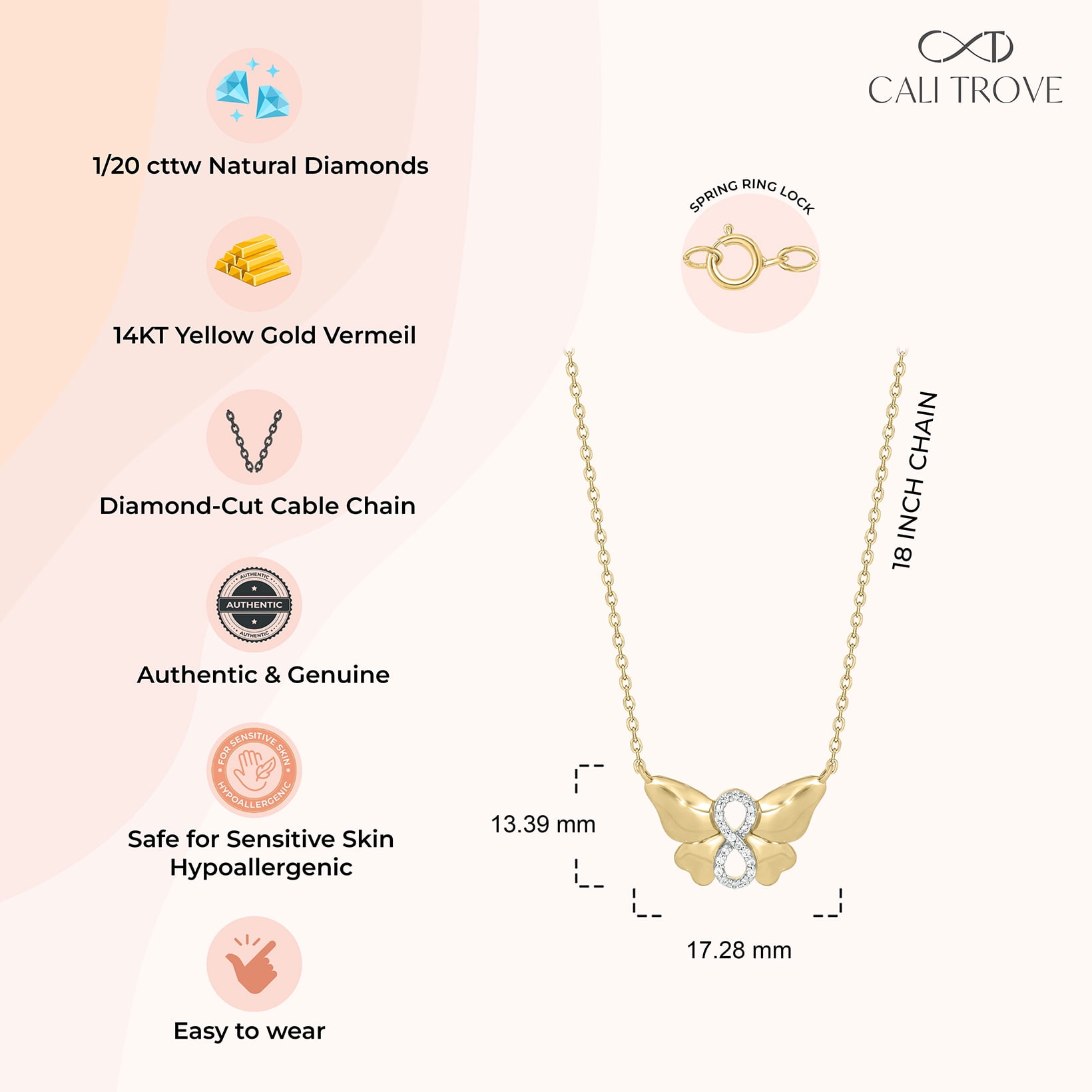 Cali Trove 1/20 Ct Diamond Butterfly Infinity Pendant Necklace | 14Kt Yellow Gold Vermeil Plating over 925 Sterling Silver | Necklace for Her